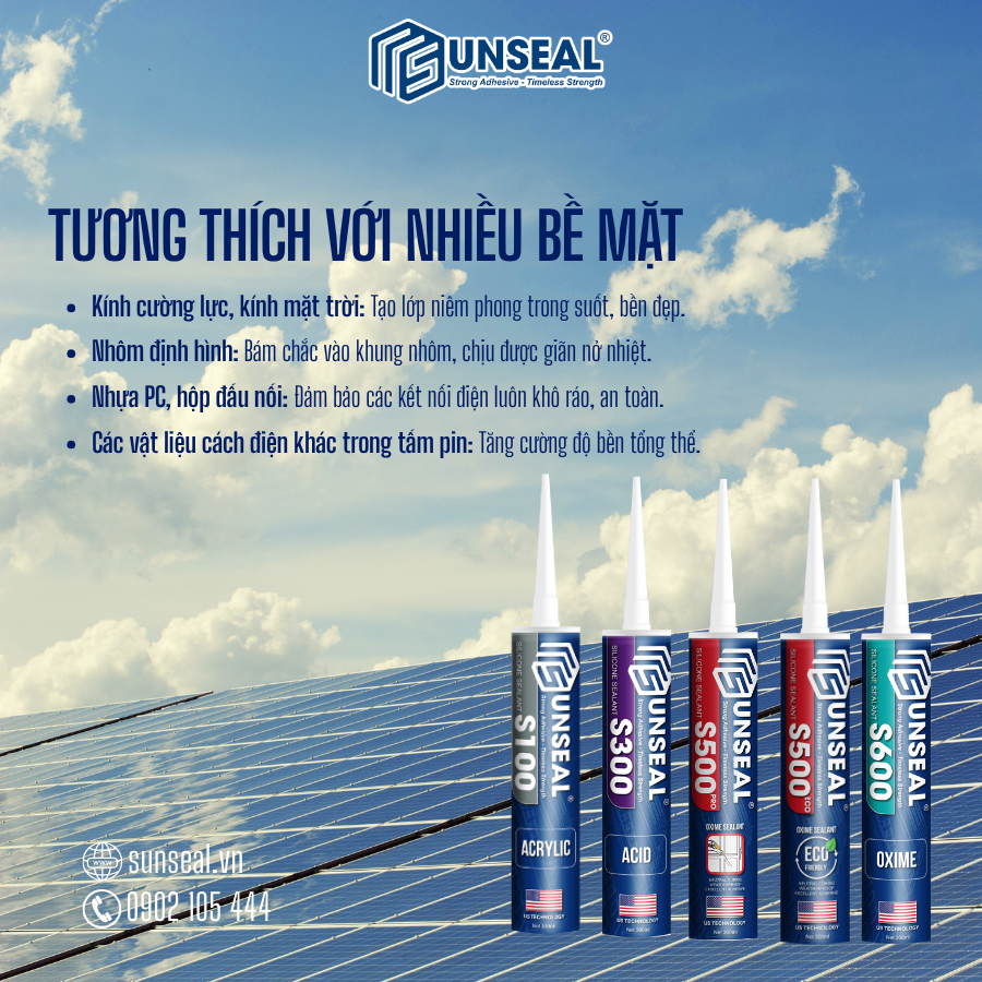 Keo silicone Sunseal tương thích với nhiều bề mặt khi thi công năng lượng mặt trời