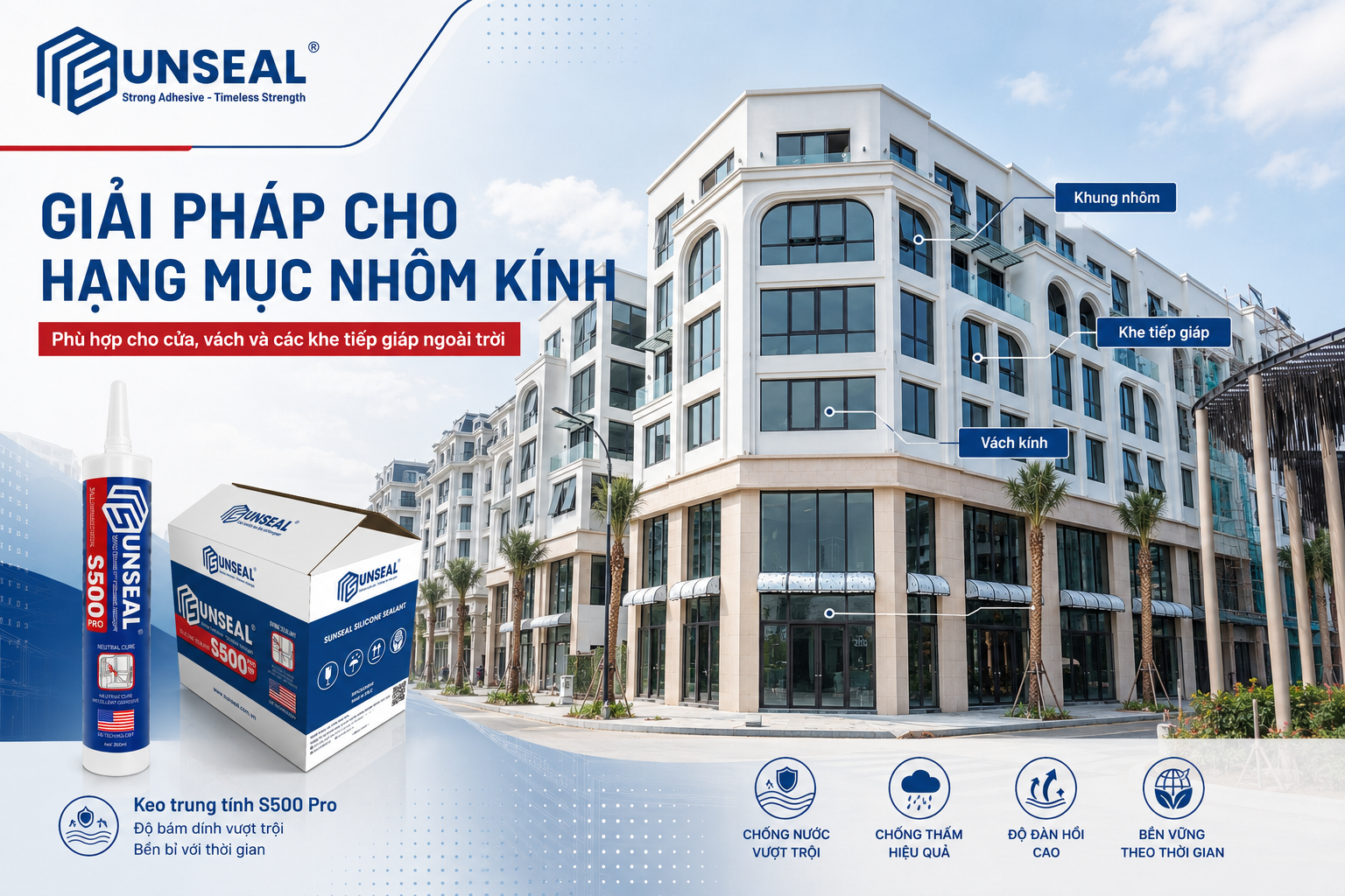 Giải pháp keo Sunseal cho cửa vách nhôm kính Sora Bay