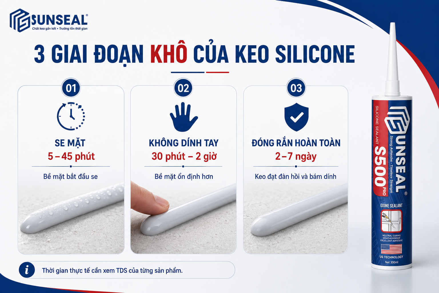 Ba mốc thời gian khô của keo silicone gồm tạo màng không dính tay và đóng rắn hoàn toàn