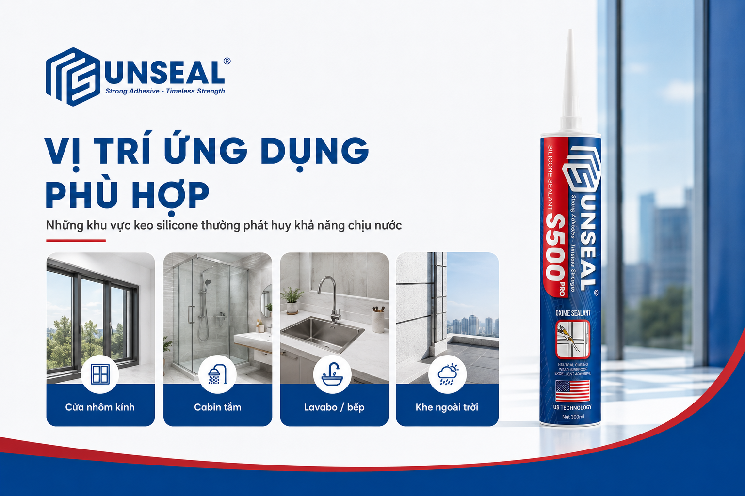 Các vị trí sử dụng keo silicone chịu nước gồm cửa nhôm kính cabin tắm lavabo bếp và khe ngoài trời