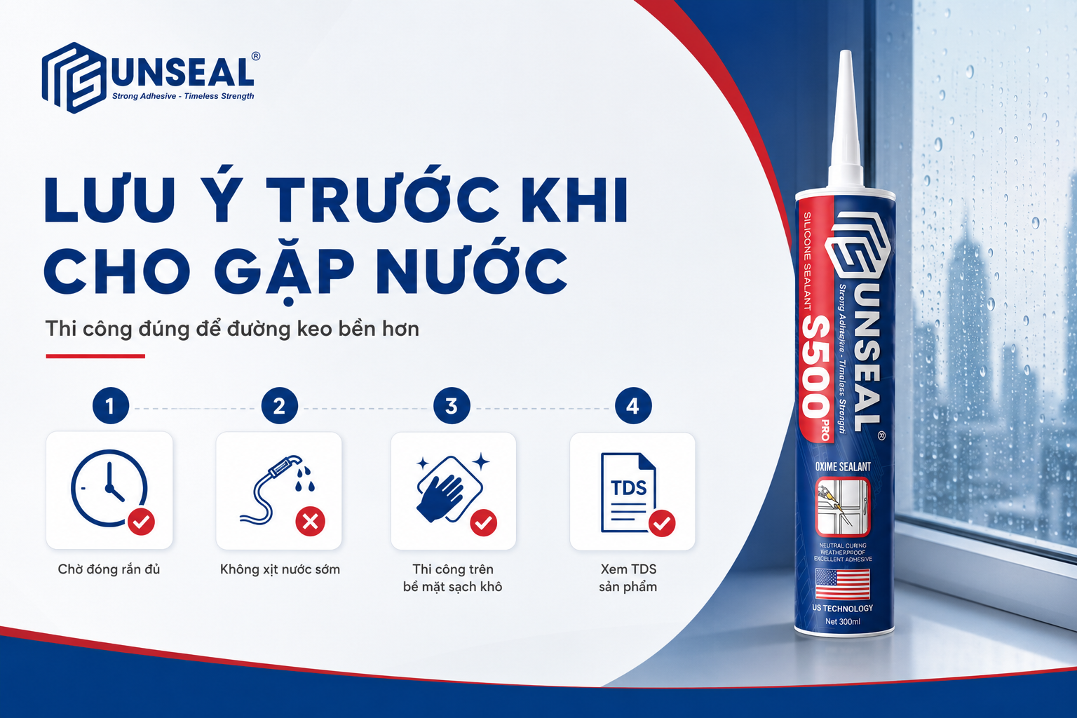 Lưu ý trước khi cho keo silicone gặp nước gồm chờ đóng rắn đủ làm sạch bề mặt và kiểm tra TDS