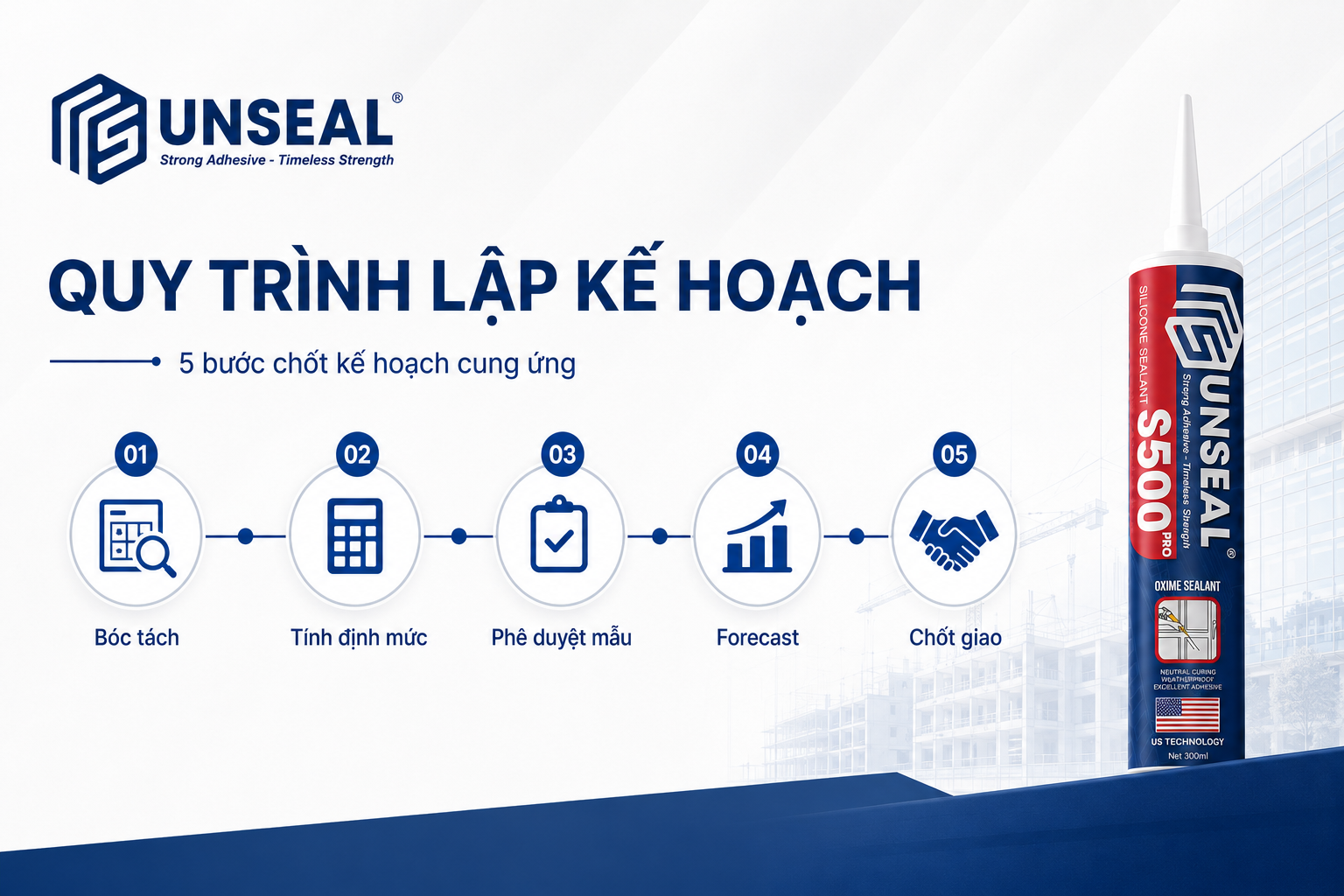 Quy trình lập kế hoạch cung ứng keo silicone dự án từ bóc tách khối lượng đến phê duyệt và giao hàng