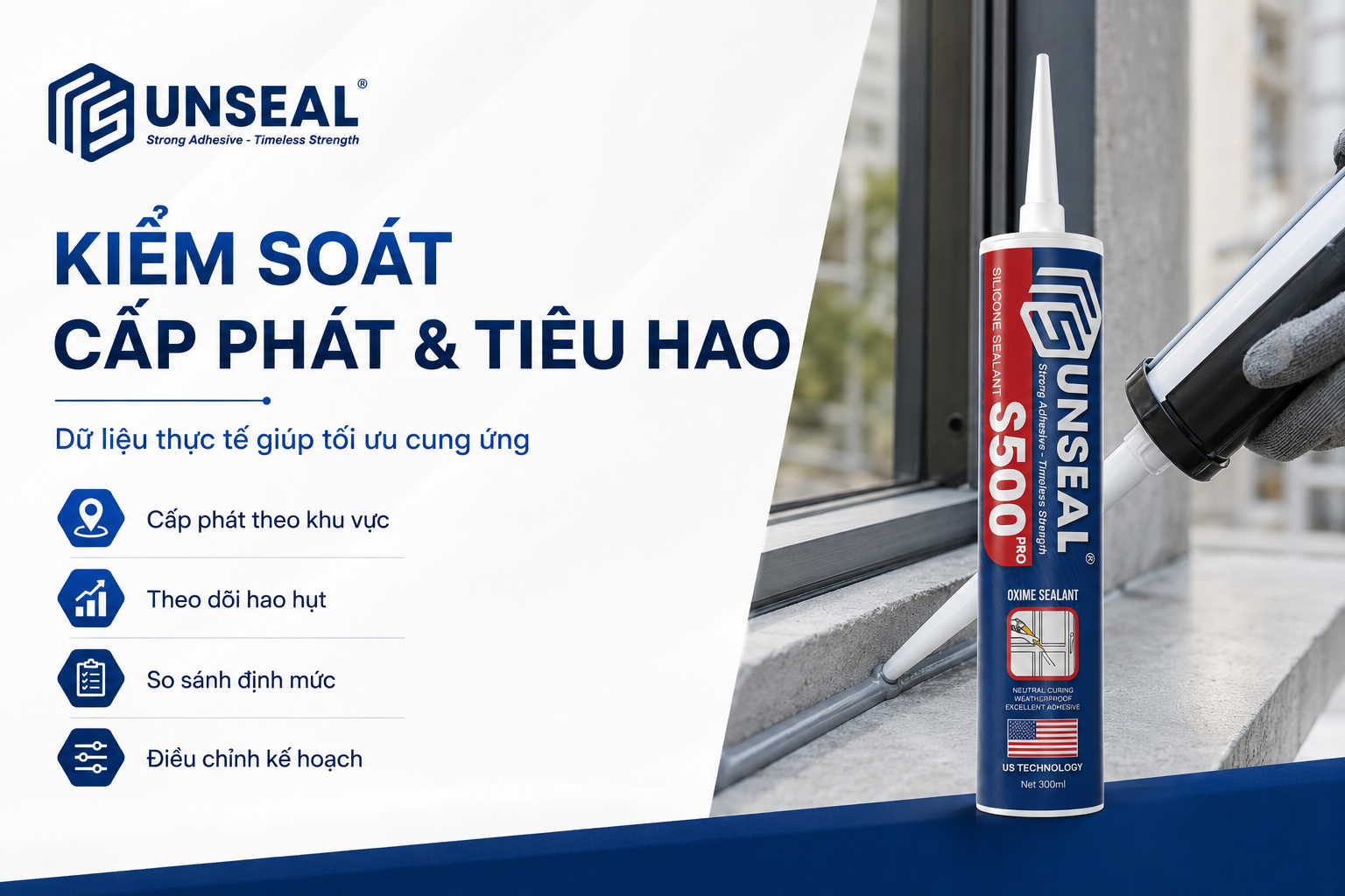Kiểm soát cấp phát và tiêu hao keo silicone theo khu vực thi công và khối lượng thực tế