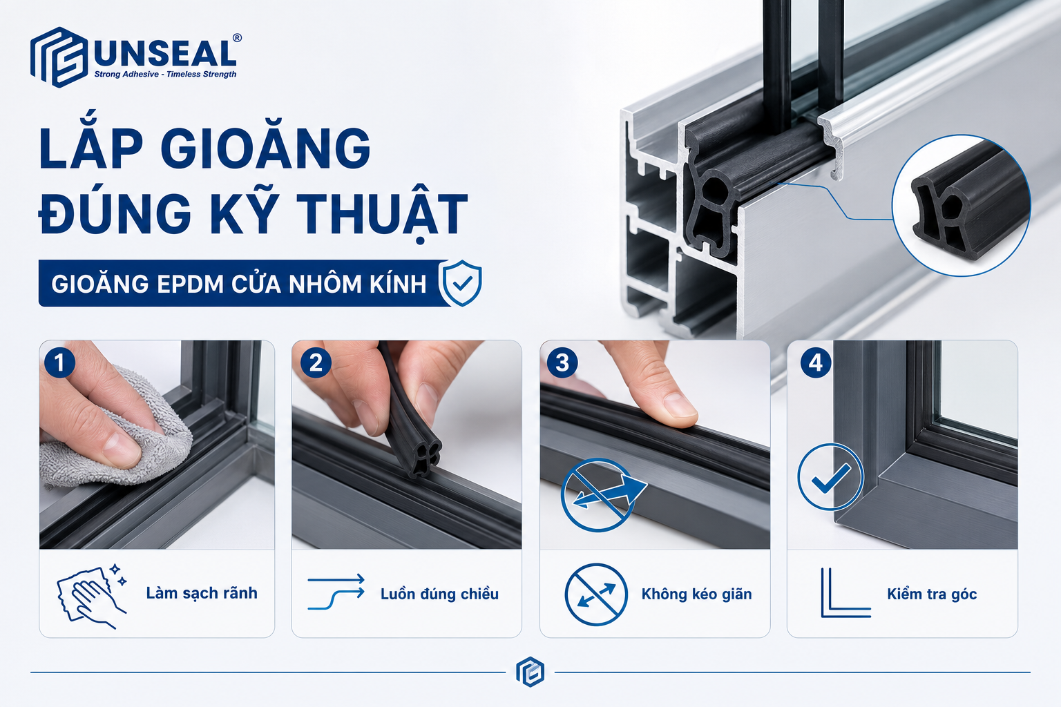 Hướng dẫn lắp gioăng EPDM cửa nhôm kính đúng kỹ thuật không kéo giãn gioăng