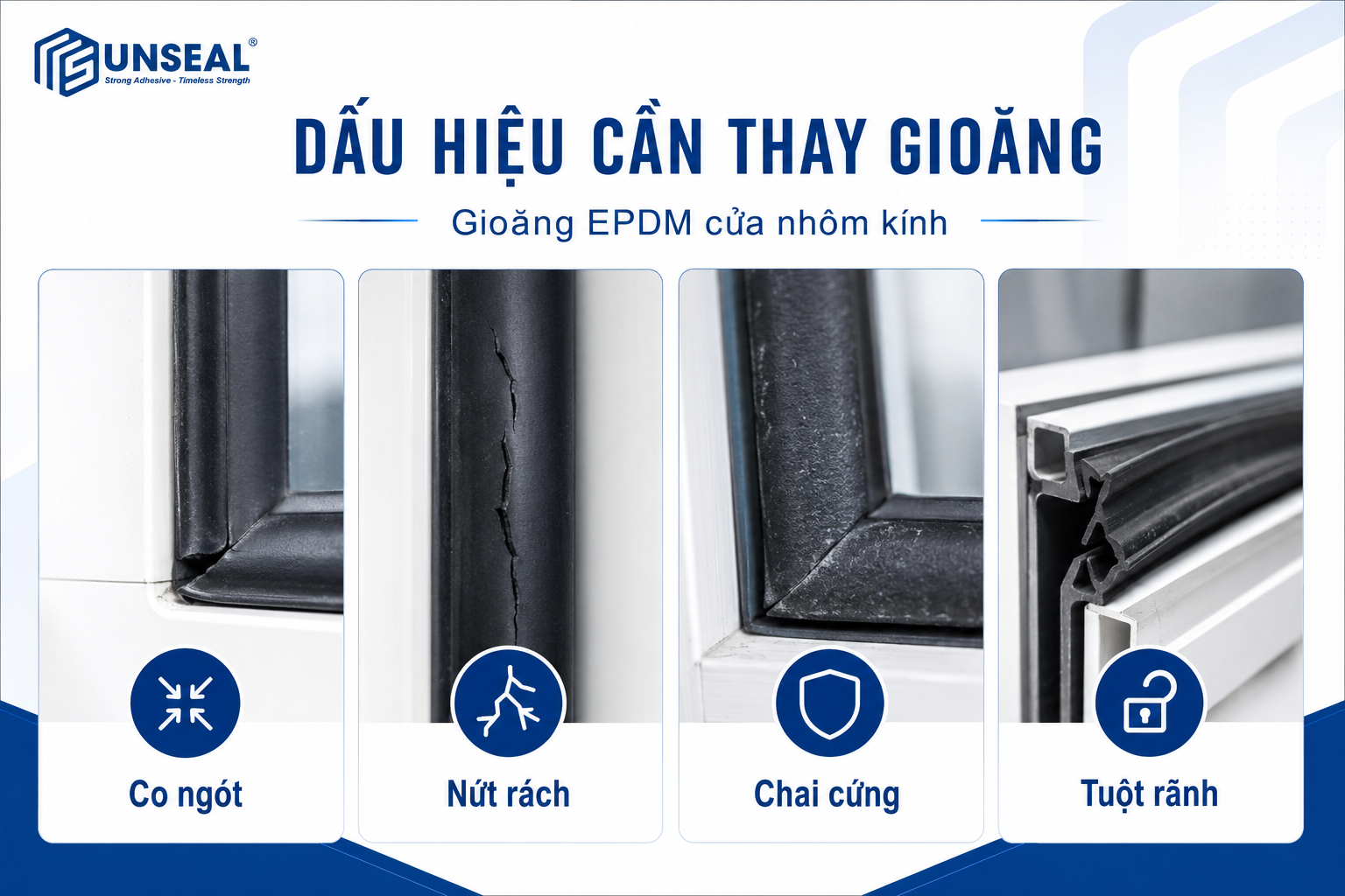 Dấu hiệu cần thay gioăng EPDM cửa nhôm gồm co ngót nứt rách chai cứng và tuột rãnh