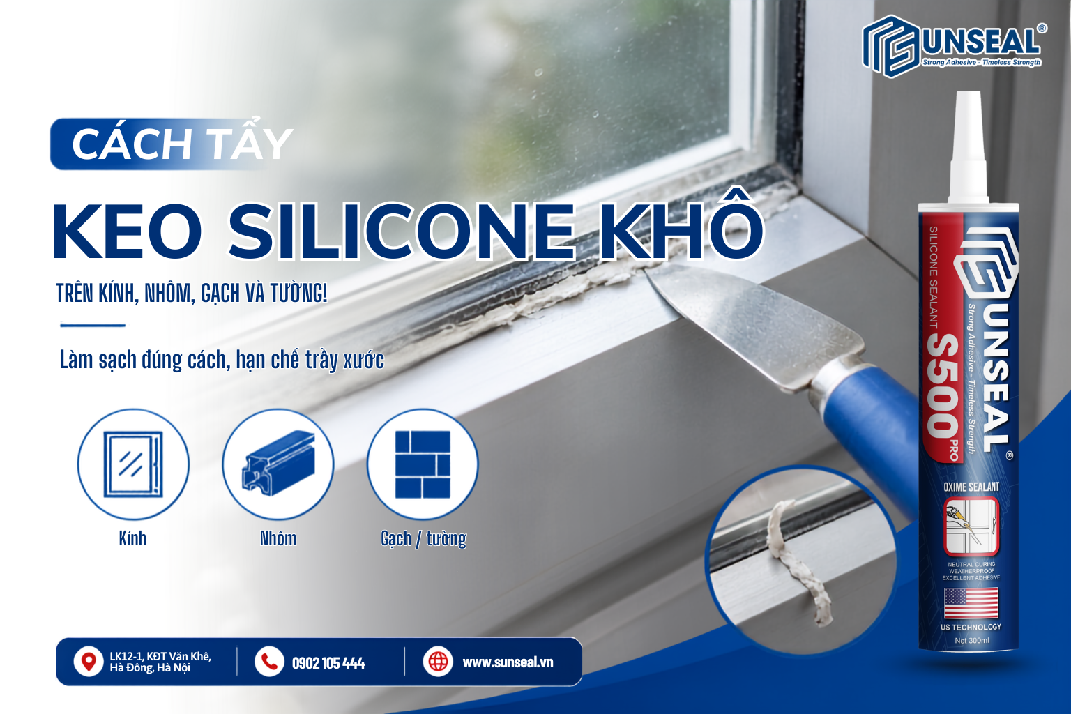Cách tẩy keo silicone khô trên kính, nhôm, gạch và tường