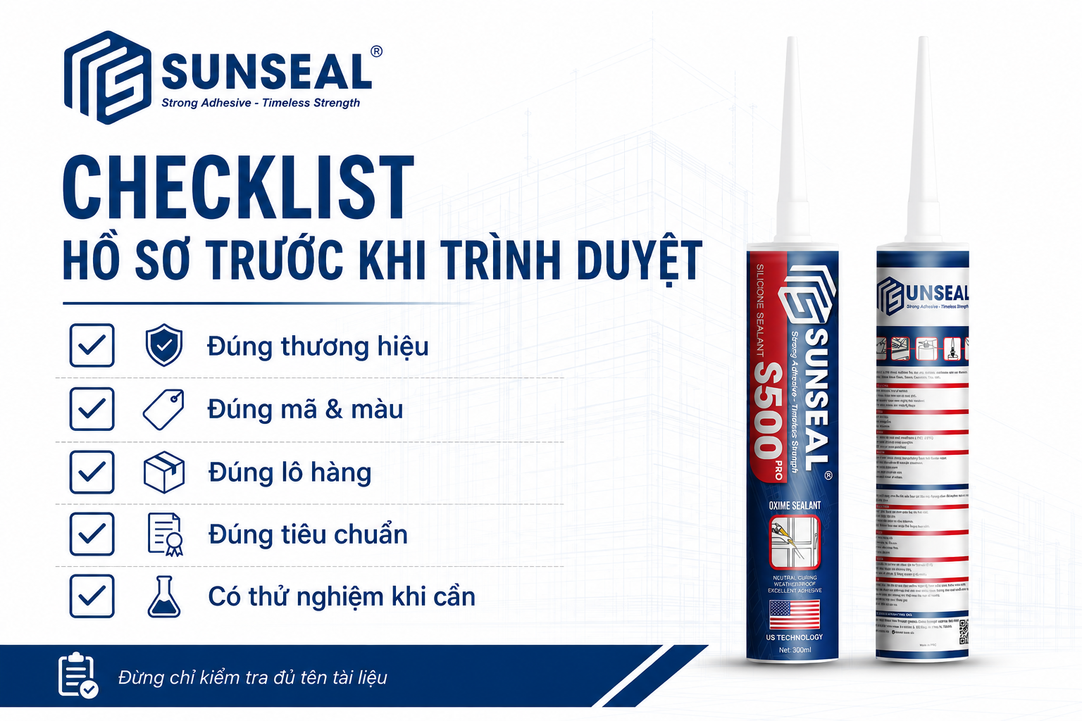 Checklist kiểm tra hồ sơ keo silicone đúng thương hiệu mã màu lô hàng tiêu chuẩn và thử nghiệm
