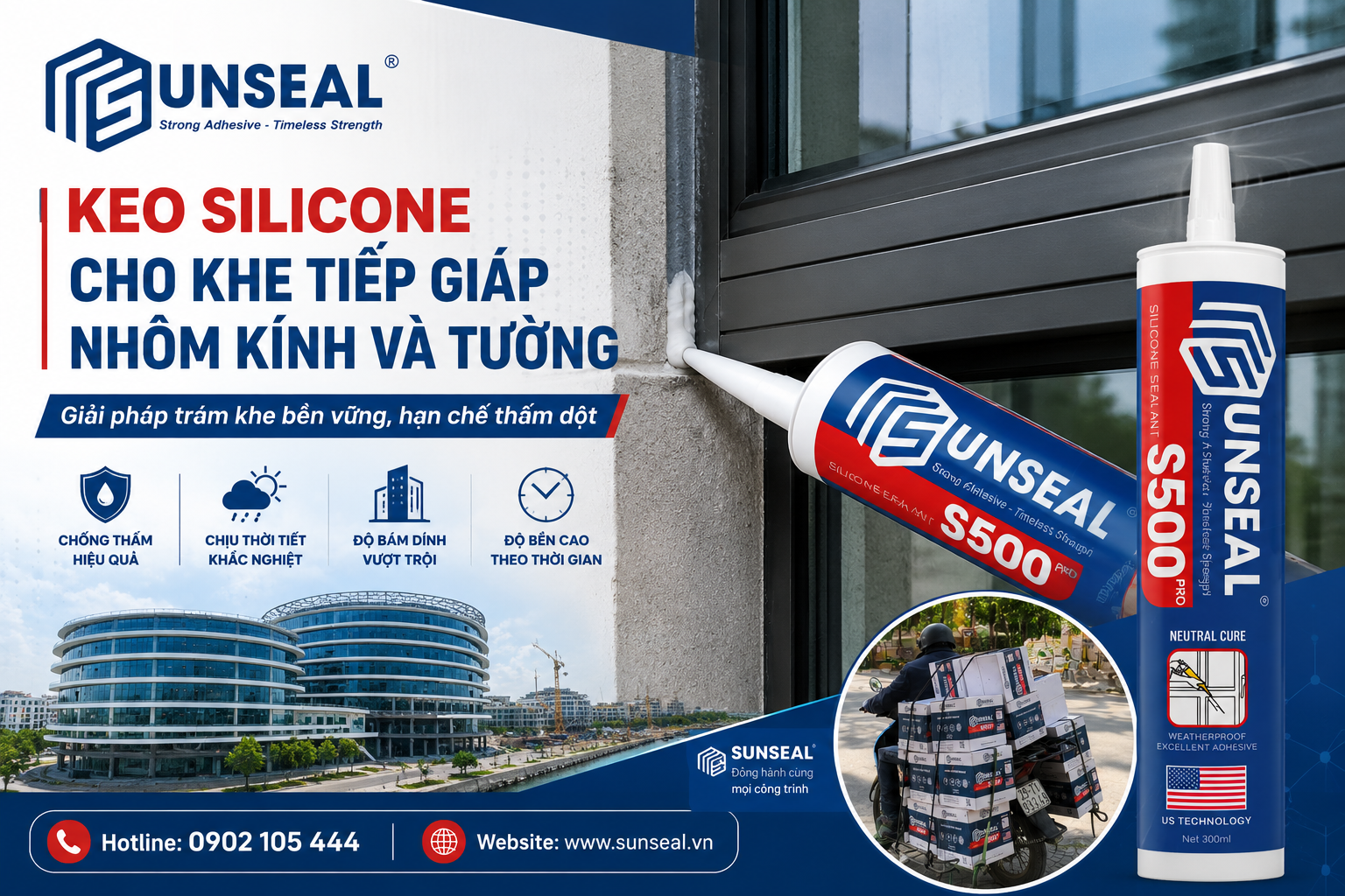Keo silicone cho khe tiếp giáp nhôm kính và tường Sunseal S500 Pro giúp trám khe, hạn chế thấm dột