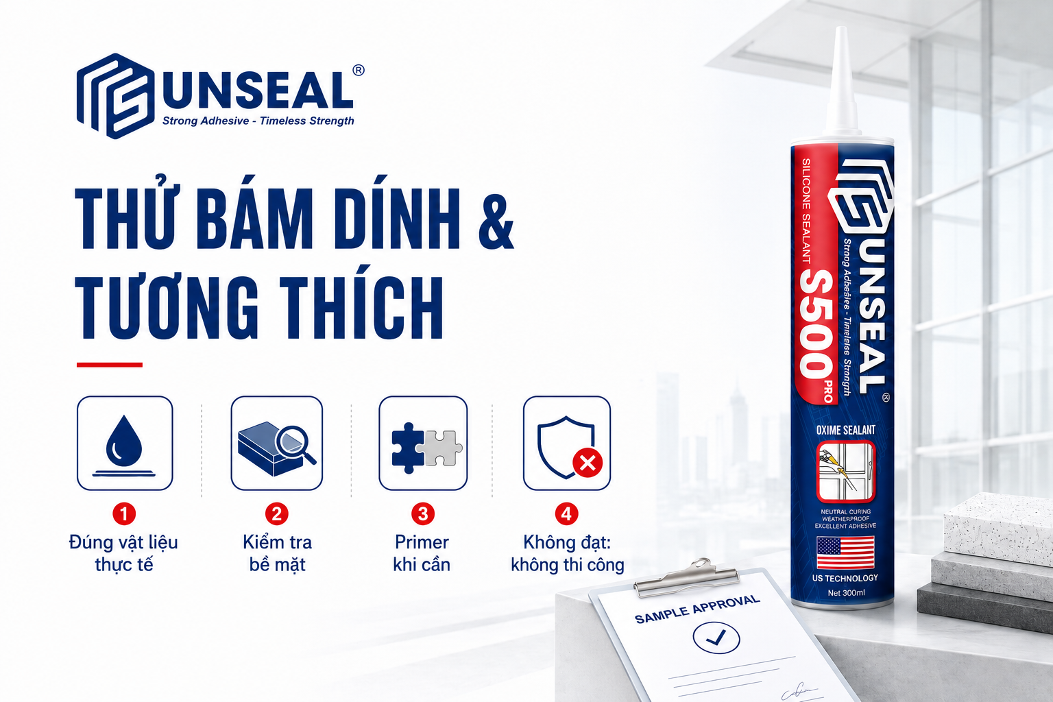 Thử bám dính và kiểm tra tương thích của keo silicone với vật liệu thực tế trong dự án