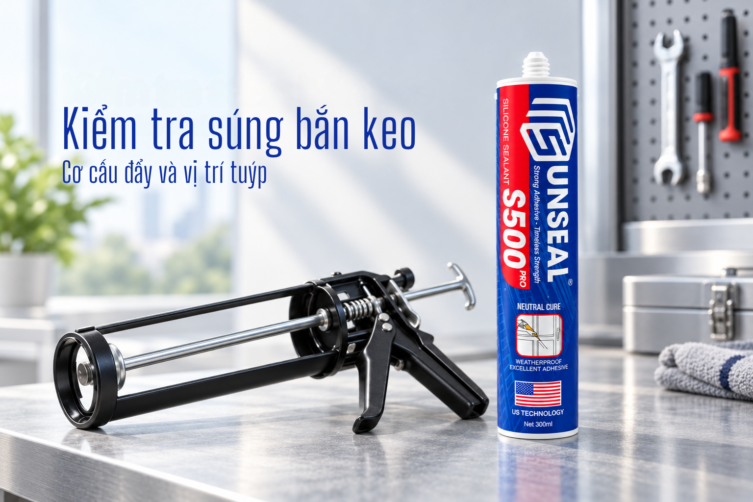 Cơ cấu đẩy hoạt động ổn định và tuýp được đặt ngay ngắn giúp thợ kiểm soát thao tác bơm keo.
